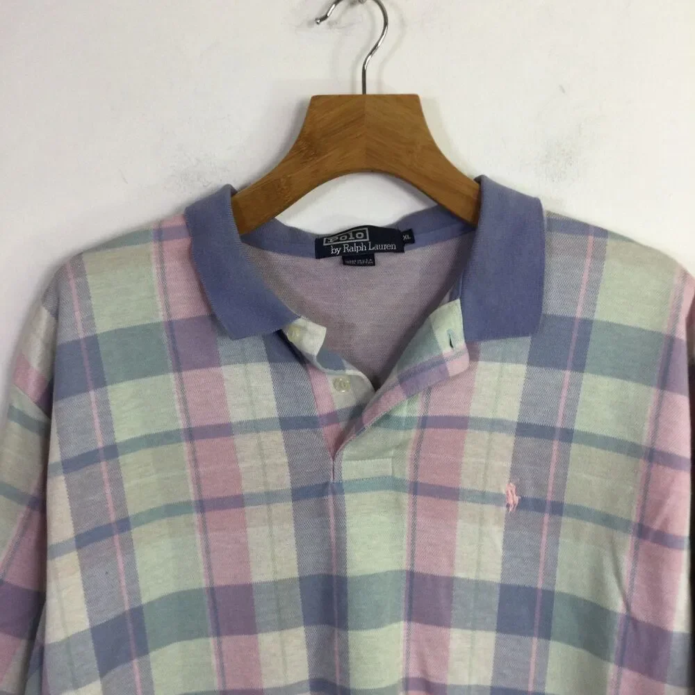 Polo by Ralph Lauren Mens Vintage 90’s Polo Shirt Pastel Pink Blue Plaid Size XL